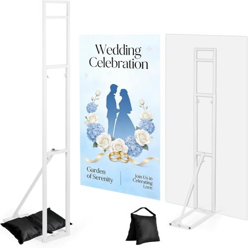 White Metal Wedding Backdrop Stand, Adjustable Height 3.3-6.6 Ft Arch Frame with Foldable Base , Installation-Free Balloon Floral Arch Stand for Party Ceremony Birthday Decor (1 Pack)