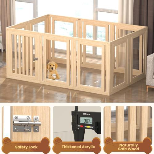 10 Panels Dog Playpen with Door, 23.6 H Pet Playpen Indoor, Clear Acrylic Puppy Playpens, Wooden Puppy Fence with Gate, Transparent Dog Pens, Pet Pen Indoor for Dogs, Cats, Rabbit (Wood)
