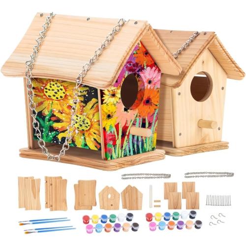 2pc DIY Birdhouse Kit for Kids, Cedar Wood Bird House Kits Bulk for Kids and Adults, Art Craft Outdoor Birdhouse, Solid Wood Weather Proof Material Painting Kit, Chain for Tree Hanging Age 8