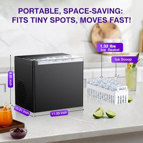 ORFLROA Ice Makers Countertop, 9 Ice Cubes in 6 Mins Portable Ice Maker, 2 Sizes of Bullet Ice (S/L) Small Ice Machine for Home Kitchen Camping (Inky)