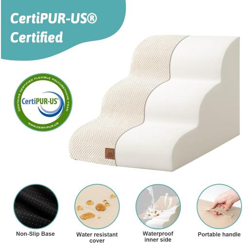 Dog Stairs for Small Dogs 15.7 H, Curved Dog Step for Puppy, Older Cat, Medium Pet Ramp for Sofa, Couch or Chair, Ladder with High Density Foam, 3 Step, 15.7x22.4x15.7 inch, Beige