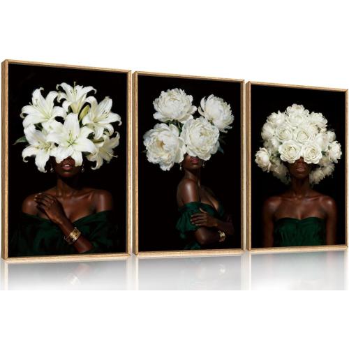 HPINUB Black Woman Framed Canvas Prints Wall Art Set, Abstract White Hydrangea Wall Decor, Vintage African American Girl Art Photos for Living Room, Bedroom, Dining Room, Office, Bathroom - 16x24x3