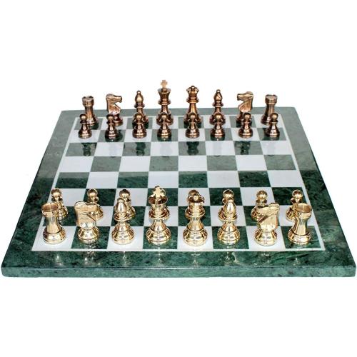 StonKraft Collectible Green Marble Chess Board Set   Brass Crafted Pieces Pawns - Decorative Stone Chess - Home Décor - 15 Inches