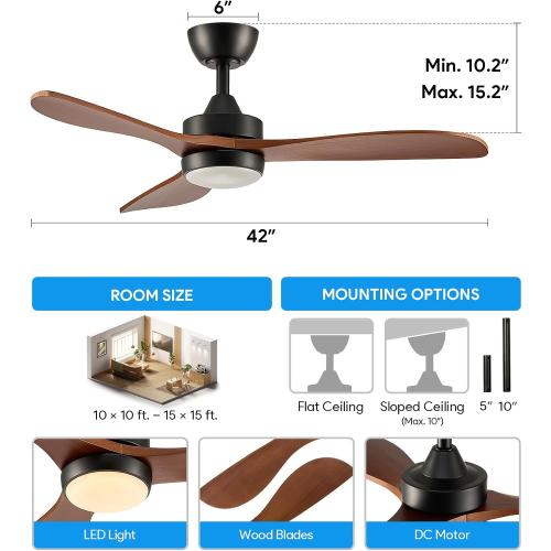 VONLUCE Wood Ceiling Fan with Lights 42 Inch, Black