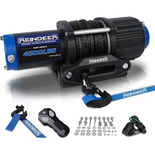 REINDEER New 12V Winch 4500 lb Load Capacity Electric Winch Kit Synthetic Rope with Hawse Fairlead Waterproof IP67 with Wireless Remotes for 4X4 Side by Side 4 Wheeler ATV UTV Rescue Recovery