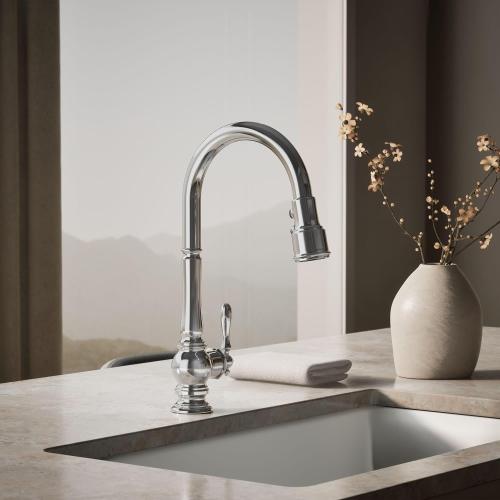 KOHLER K-99259-CP Artifacts Single-Hole Kitchen Sink Faucet with 17-5/8-Inch Pull-Down Spout, 3-Function Sprayhead, and Turned Lever Handle, Polished Chrome