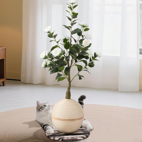Cat Scratching Post, Artificial Camellia Tree Cat Scratch Ball with Sisal Rope, Cute Flower Scratching Posts for Indoor Cats Adults and Kitten, Modern Cat Scratcher for Home Decor