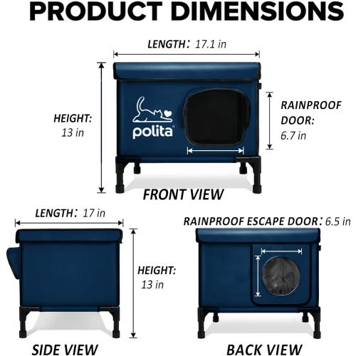 Polita Indestructible Heated Cat House for Outdoor Cats All Seasons, Extremely Insulated & 100% Weatherproof, Elevated Feral Cat Shelter with Waterproof Eaves &Safe Escape Door for Stray & Barn Cats​​