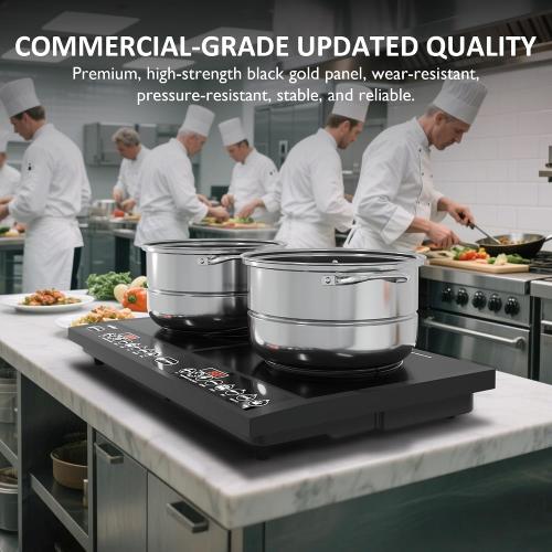 Sunvivi Portable Induction Cooktop: 2 Burners in 1, Commercial-Grade Electric Countertop Stove with LED Touchscreen, 8 Power Levels & Precise Temp Control (176°F-518°F), Independent Timer, Black