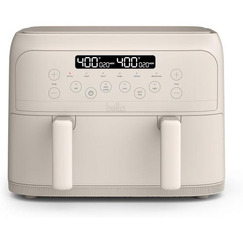 bella 4 Qt TriZone Air Fryer, EverGood™ Ceramic Nonstick Coating, Dual Basket Design w Removable Divider, Digital Touchscreen Control w 6 Preset Cooking Options, 1200 Watt, 3lb Capacity, Oatmilk