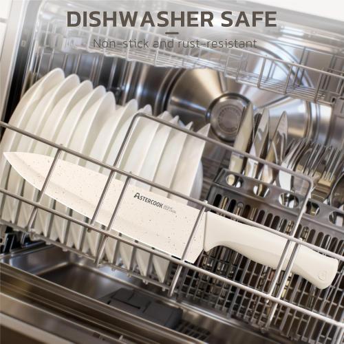 Astercook Knife Set, 15 Pieces Kitchen Knife Set with Sharpener Block, German Stainless Steel Knives with Anti-Rust Coating, Dishwasher Safe, Elegant Cream White Design, Perfect for Holiday Gifts