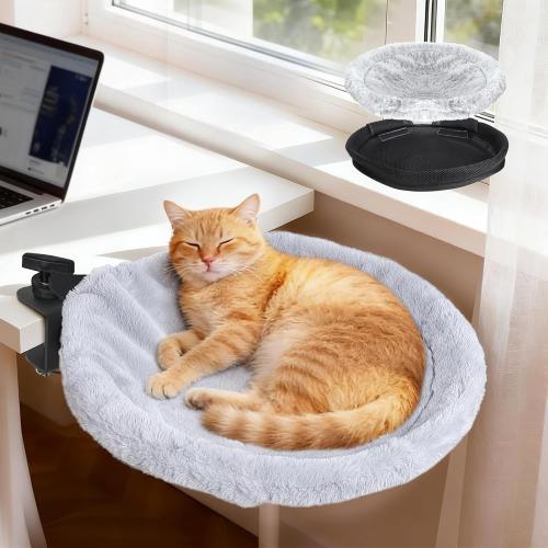 Topmart Cat Desk Bed with 360° Rotating, Cat Hammock for Desk with 2 Washable Pads, Easy to Install, Kittens Bed for Desk Attachment for Home Office,Up to 45LBS, Grey & Black