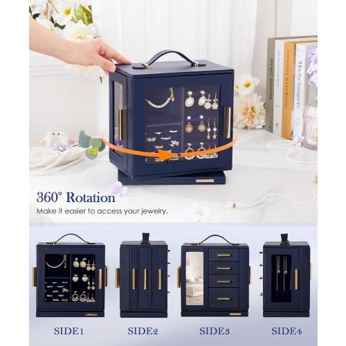 Homde Jewelry Box 360° Rotating, Necklace Earring Organizer with Transparent Window, Mirror, 7 Drawers, Large Ring Display Storage Case for Girls Women (Dark Blue)