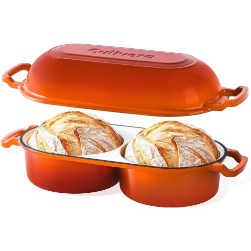 Cast Iron Bread Pan with Lid, Mini Enamel Sourdough Baking Dutch Oven Pot, Double Round Loaf Space for Homemade, Bread, Cake, Meatloaf, 16.5cm Diameter, 500°F Oven Safe, Non Stick, Orange
