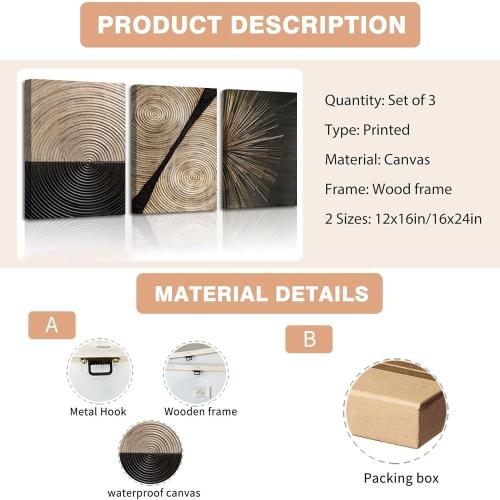 3Pcs Retro Wood grain Abstract Canvas Wall Art Minimalist Black Golden Line Texture Wall Decor Pictures Neutral Geometric Beige Brown Poster Prints for Living Room Bedroom Home Decoration 16x24in