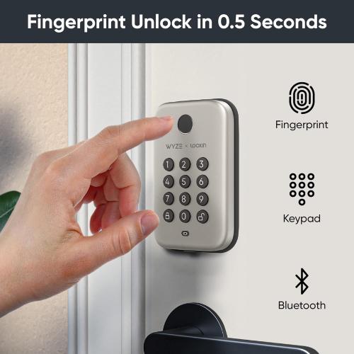 Satin Nickel Wyze Auto-Lock Bolt, Fingerprint Keyless Entry Door Smart Bluetooth Deadbolt Replacement, Backlit Keypad, IPX5 Weatherproof, in-App History and Scheduled Access, BHMA, UL 20-Min Fire Rated