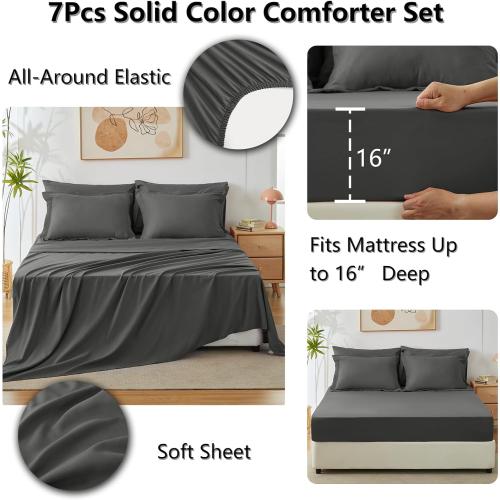 CozyLux Queen Comforter Set Dark Grey, 7 Pieces Bed in a Bag Queen Comforter Set with Sheets, Bedding Sets with Down Alternative Comforter, Fitted Sheets, Flat Sheets, Pillow Shams and Pillowcases