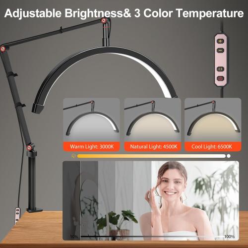 Professional LED Desk Lamp, Half Moon Light for Desk with Clip&Phone Holder, Esthetician Light with Adjustable 10-Level Dimming & 3 Color for Work,Office,Makeup,Nail Salon,Tattoo,Craft (Black)