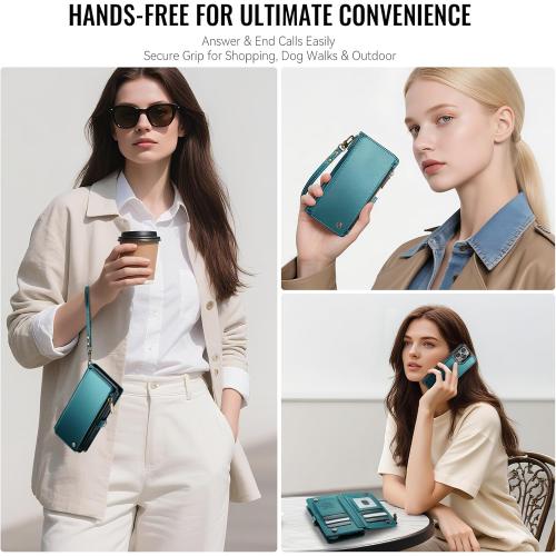 Defencase for iPhone 16 Pro Max Magnetic Wallet Case Compatible with Magsafe with RFID Blocking Zipper Strap Card Holder for Women PU Leather Detachable Case for iPhone 16 Pro Max (6.9), Blue Green