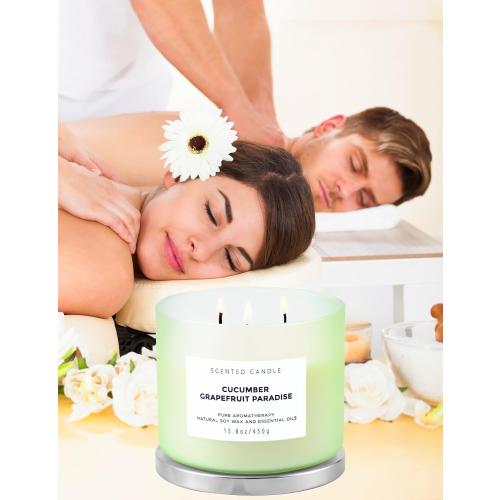 Cucumber Grapefruit Paradise 3-Wick Scented Candle | Large Soy Candle for Home 15.8 oz | Fresh Fruity Citrus Summer Aromatherapy Candle, Long Lasting Stress Relief & Relaxation Candles for Men & Women