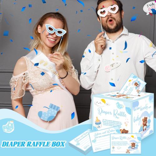 51 Pcs Diaper Raffle Tickets with Box for Baby Shower Games, Blue Baby Shower Game Box for Gender Reveal Party Decorations