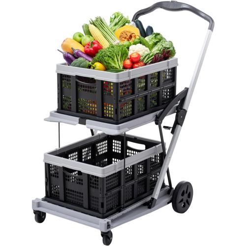 Collapsible Shopping Cart on Wheels, Folding Shopping Cart with 360° Swivel Wheels, Multi Use Utility Cart Adjustable Portable Trolley, Used for Picnic, Supermarket, Gray