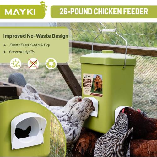 MAYKI Chicken Feeder and Waterer Set, 3 Gallon/26 LB No Waste Poultry Feeding System with Hanging Option, Automatic Coop Accessories for 10 Hens, Upgraded Feeder Port Water Cup, BPA-Free Winter Design‼️light dirt‼️