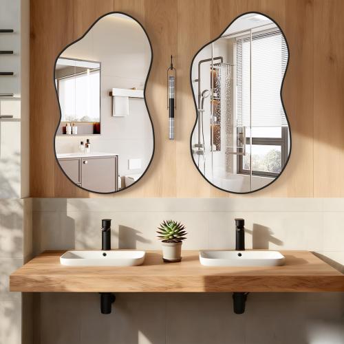 Irregular Wall Mirror, Asymmetrical Cloud Mirror Large Unique Vanity Body Mirrors Black Bathroom Wall Mounted Mirror Modern Shaped Dressing for Living Room Entryway