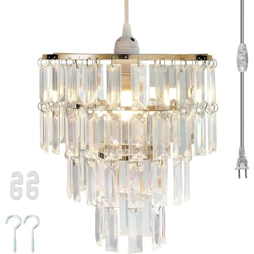 Modern Chandelier Shade with 1 Light Plug-In - Gold Faux Chandeliers Light Fixture - Pendant Ceiling Lampshade for Girls Bedroom - Size W9.84 X H11