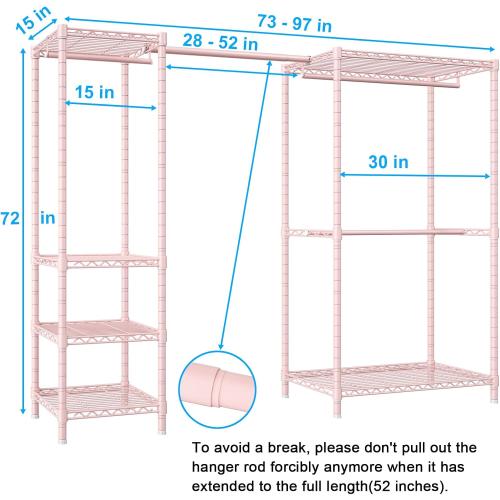 Ulif E10 Clothes Rack（With Stretchable Hanger Rod）Freestanding Clothing Racks for Hanging Clothes，Adjustable Closet Organizer System，Portable Garment Rack 73-97W x 15 D x 72 H，Max Load 800LBS，Pink