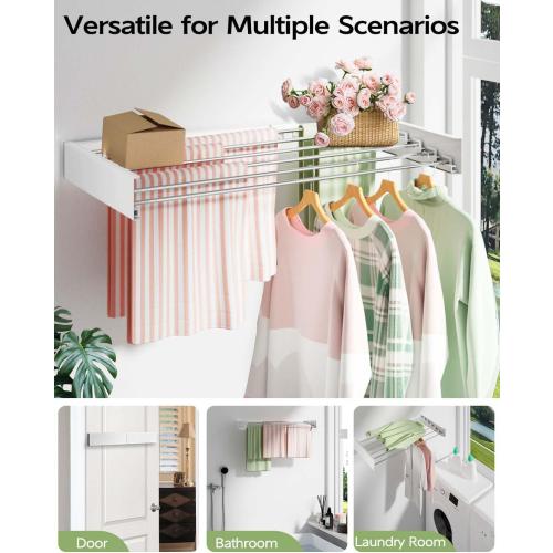 Wall Mounted Clothes Drying Rack 40 inches, Foldable Wall Mount Laundry Rack Folding Indoor, Drying Rack Clothing Collapsible, Hidden Space Saver with Wall Template, 6 Rods, White