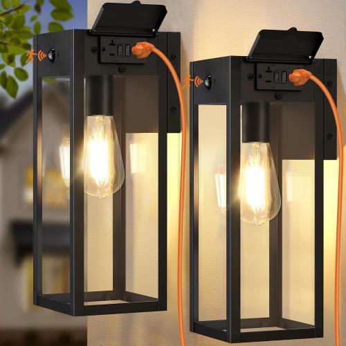 Porch Lights with GFCI Outlet, Large Motion Sensor Outdoor Lights