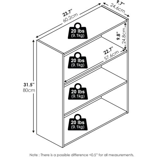 Furinno PASIR Book Shelf, 3-Tier Bookshelf, Storage Shelves Bookcase, 9.7 x 23.7 x 31.5, for Living Room, Bedroom, Home Office, Espresso