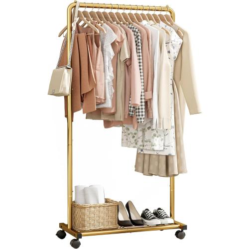 Clothes Rack - Clothing Rack with Storage Mesh Shelf & Casters, Heavy-Duty Metal Clothing Rack for Hanging Clothes, Dresses, Coats, Large Load Capacity, Easy Assembly, Gold, 28.0x16.9x59.0