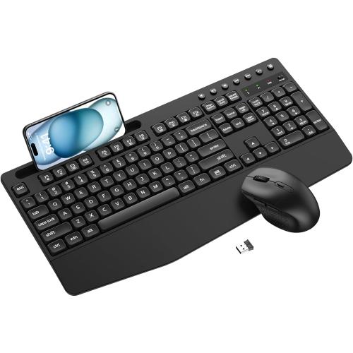Wireless Keyboard and Mouse Combo with Palm Rest, Phone Holder, Full-Size Quiet Wireless Ergonomic Keyboard and Mouse, Comfortable Natural Typing Compatible for Windows, Laptop, Mac, PC