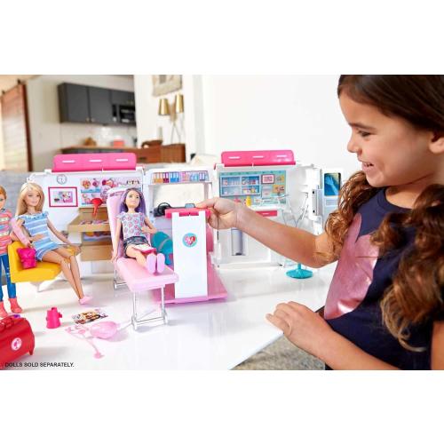 ​​​Barbie Playset with 20  Accessories, Emergency Vehi​​cle Transforms into 2  Foot Hospital with Lights and Sounds, Care Clinic​​​​​​​​