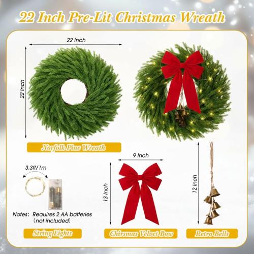 2 Pack 22 Inch Pre-Lit Christmas Wreath Norfolk Pine Wreath with Velvet Bow and Bells Realistic Greenery Holiday Decoration for Front Door Indoor Outdoor Christmas Decor (Red)
