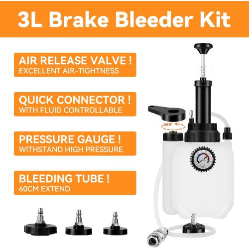 3L Brake Bleeder Kit, Manual Brake Bleeder Vacuum Pump Kit, Brake Fluid Bleeder Kit With 1l Brake Bleeder Bottle And 4 Master Cylinder Adapters, Brake Bleeding Kit Suitable for Most Vehicles