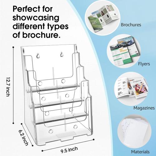 MaxGear Acrylic Brochure Holder 8.5 x 11 inch, 4 Tier Clear Literature Organizer Magazine Stand Display with Removable Divider for 4 x 9 inch Brochures, Pamphlet, Wall Mount or Countertop, 1 Pack