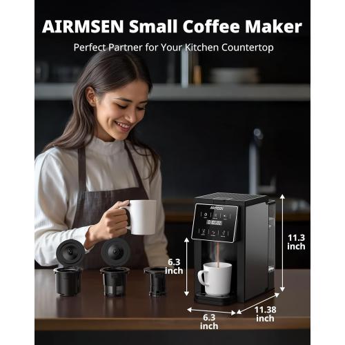 AIRMSEN Grind & Brew Coffee Maker with Built-in Grinder - Single-Serve Machine Compatible with K-Cup Pods & Ground Coffee, 1000W Fast 6-14oz Brew, Descaling Alert, Touchscreen & 50oz Removable Tank