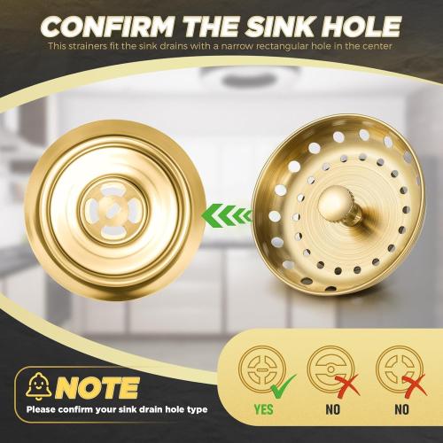 Mudder 3 Pcs Kitchen Sink Drain Strainer and Stopper Stainless Steel Garbage Disposal Plug with Handle Universal Anti-Clogging Kitchen Sink Filter Sieve Basket Strainer(Brushed Gold)