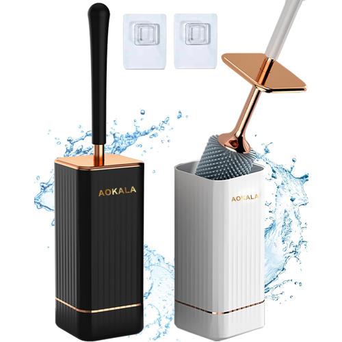 Toilet Brush and Holder, Elegant 2 Pack Silicone Toilet Bowl Brush Set with Ergonomic Long Handle, Modern Bathroom Decor Cleaning Accessories, Durable, Deep Cleaning - Black & White