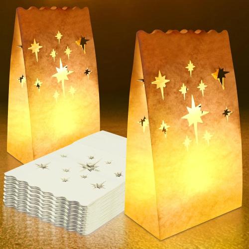Ranslen 70PCS White Luminary Bags Fireworks Cutout Flame Resistant Halloween Candle Bags Paper Lantern Bags for Christmas Weddings Birthday Party Thanksgiving Decoration Use with Tealights
