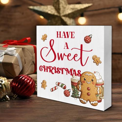 Farmhouse Christmas Wooden Block Sign - Gingerbread Decor for Table or Shelf - 5 x 5 Inch