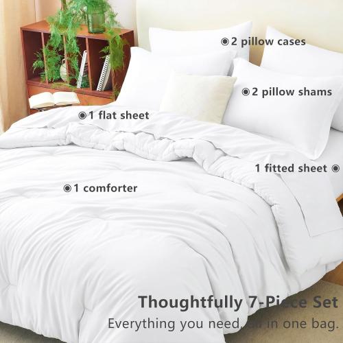 CozyLux Queen Comforter Set White, 7 Pieces Bed in a Bag Queen Comforter Set with Sheets, Luxury Soft Bedding Sets with Down Alternative Comforter, Fitted Sheet, Flat Sheet, Pillowcases & Shams