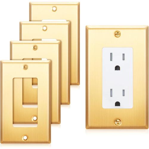 Zonon 4 Pack Gold Outlet Covers 4.50 x 2.76 Single Receptacle Wallplate Rocker Covers Brass Metal Brushed Decorative Gold Receptacle Wallplate Corrosion Resistant, Standard Size, Brushed Brass