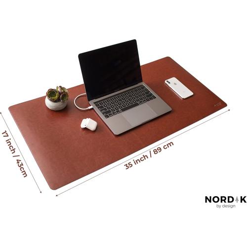 Nordik Leather Desk Mat - Whiskey Brown - Cable Organizer - Premium Mouse Mat & Desk Pad Protector - 35 X 17 Inch - Felt Vegan Leather - Large Office Mouse Pad & Blotter