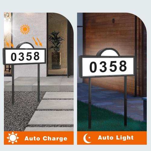 GEYUEYA Solar House Number for Outside, Address Numbers for House,IP65 Waterproof House Number Sign With Dual 3200k Warm White & 6500k Cold White Led, Address Sign Wall Mounted/In Ground for Yard
