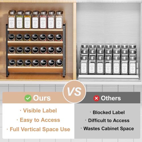 MUDEELA 4 Tier Spice Rack Organizer for Cabinet, Wooden Vertical Spice Shelf, Seasoning Organizer for Countertop, Kitchen, Pantry, Freestanding, 13.4 W × 11.2 H (No Jars Included), Black