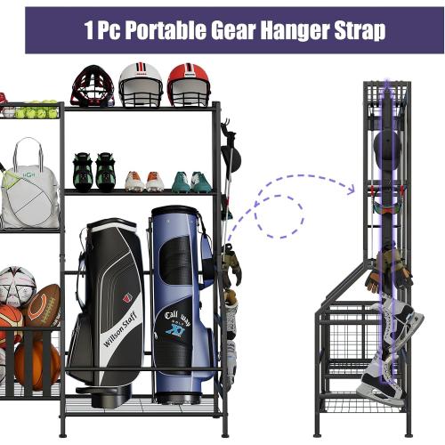 Sports Equipment Organizer, Heavy Duty Golf Bags Stand, Extra Large Ball Storage Rack for Garage, Sports Gear Storage with Basket and Hooks, Black
